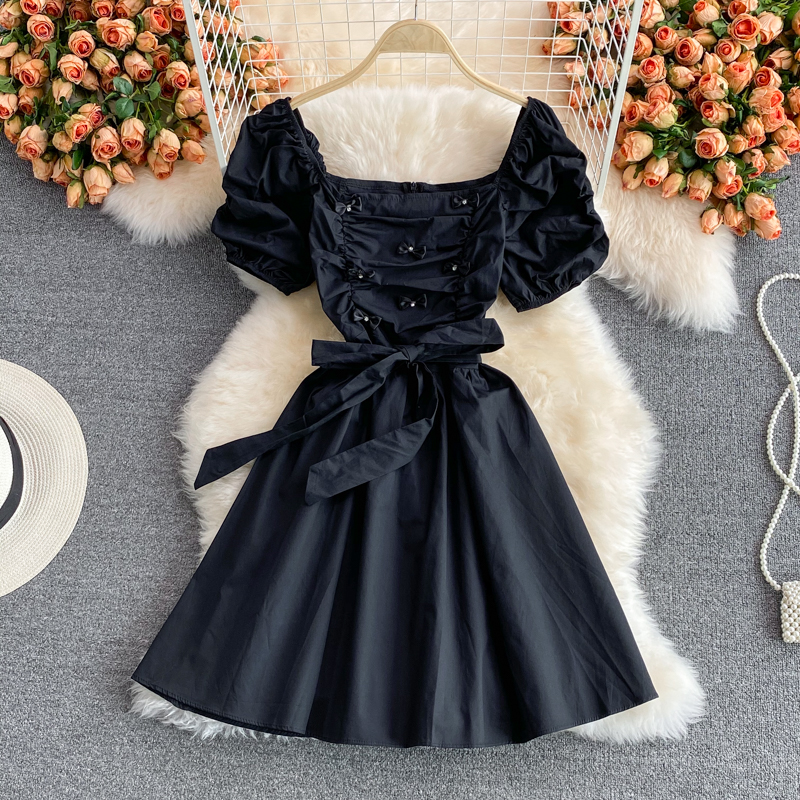 Korean Dongdaemun Summer Rhinestone Bow Square Collar Puff Sleeve Pleated Dress Mid-Length A- line Dress - Image 3