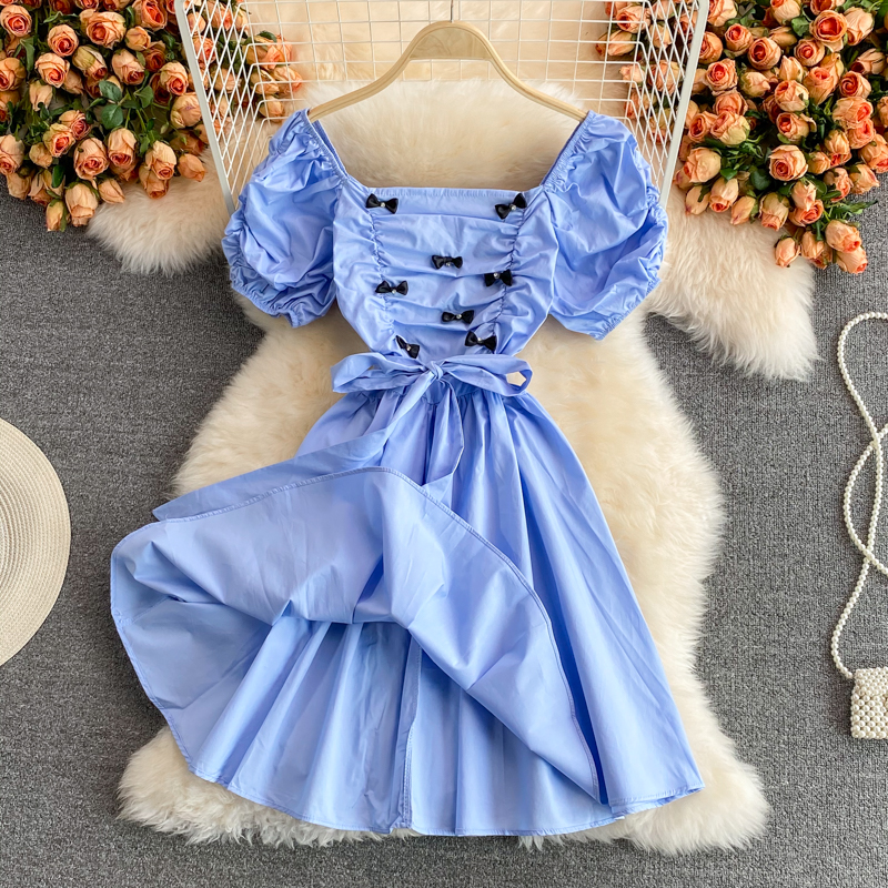 Korean Dongdaemun Summer Rhinestone Bow Square Collar Puff Sleeve Pleated Dress Mid-Length A- line Dress - Image 5