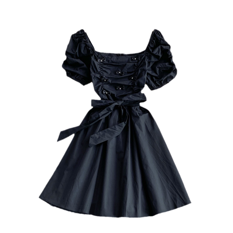 Korean Dongdaemun Summer Rhinestone Bow Square Collar Puff Sleeve Pleated Dress Mid-Length A- line Dress - Image 6