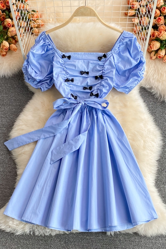 Korean Dongdaemun Summer Rhinestone Bow Square Collar Puff Sleeve Pleated Dress Mid-Length A- line Dress - Image 7