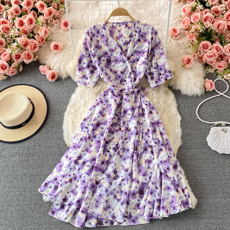 French Tea Break Puff Sleeve First Love Retro Purple Floral Skirt Mid-Length Ruffled Chiffon V-neck Dress Summer - Image 2