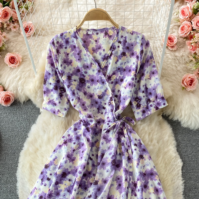 French Tea Break Puff Sleeve First Love Retro Purple Floral Skirt Mid-Length Ruffled Chiffon V-neck Dress Summer - Image 3
