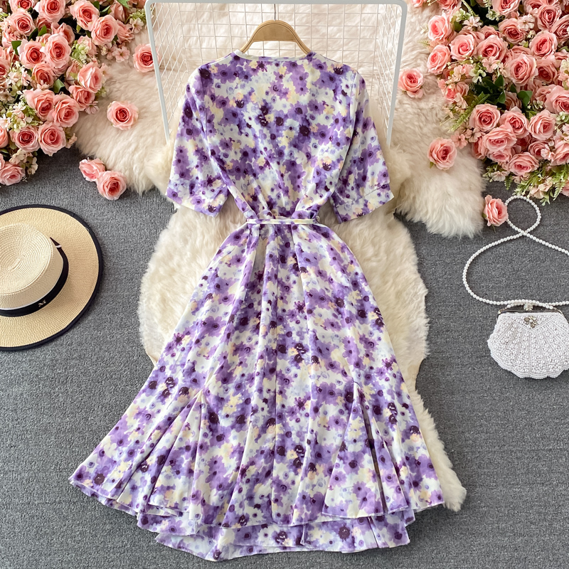 French Tea Break Puff Sleeve First Love Retro Purple Floral Skirt Mid-Length Ruffled Chiffon V-neck Dress Summer - Image 5