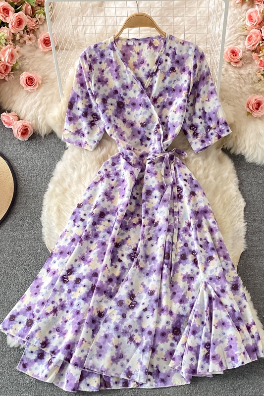 French Tea Break Puff Sleeve First Love Retro Purple Floral Skirt Mid-Length Ruffled Chiffon V-neck Dress Summer - Image 7