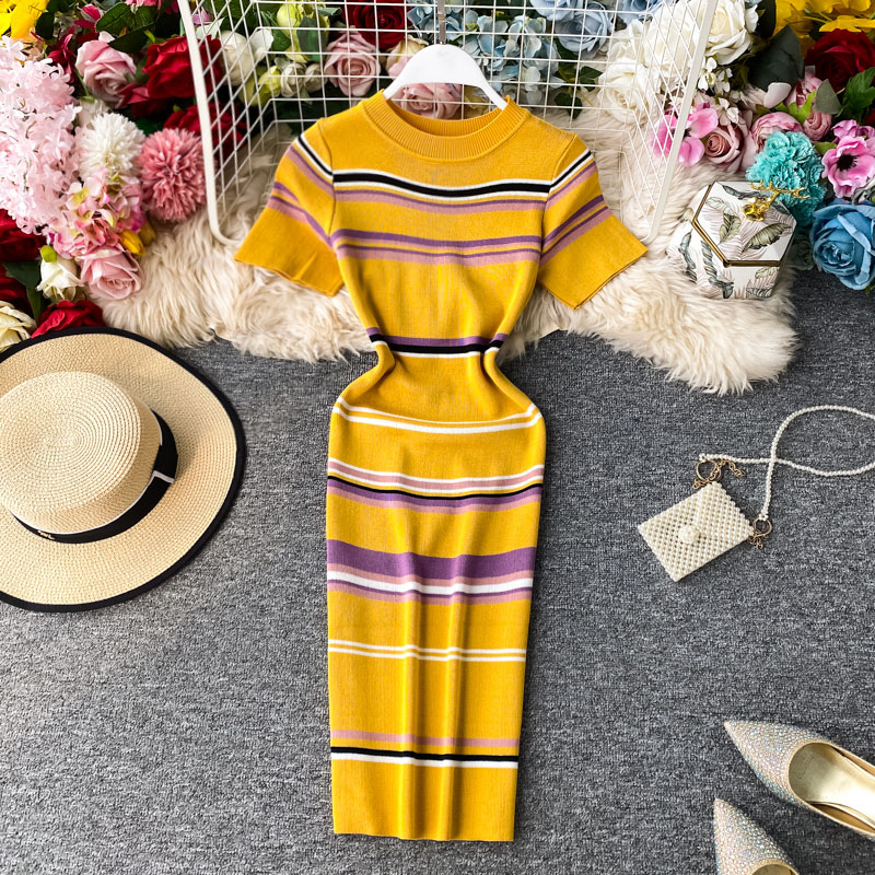 Summer New Korean Style Contrast Color Striped Slim Fit Thin over the Knee Midi Dress Hip Knitwear Short Sleeve Dress