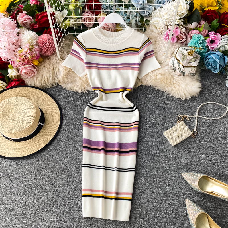 Summer New Korean Style Contrast Color Striped Slim Fit Thin over the Knee Midi Dress Hip Knitwear Short Sleeve Dress - Image 3