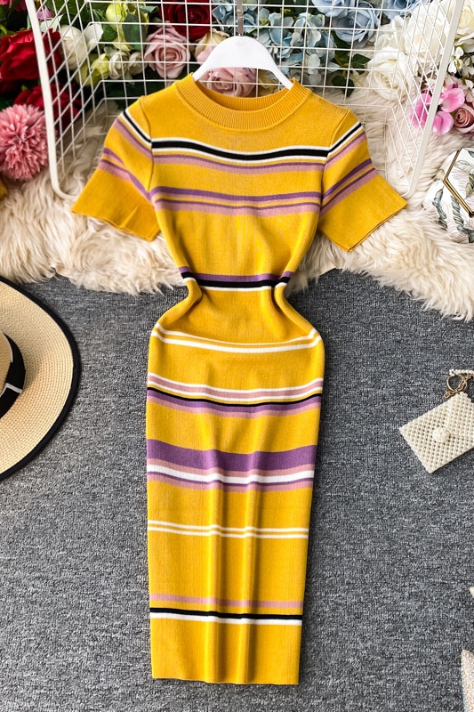 Summer New Korean Style Contrast Color Striped Slim Fit Thin over the Knee Midi Dress Hip Knitwear Short Sleeve Dress - Image 7