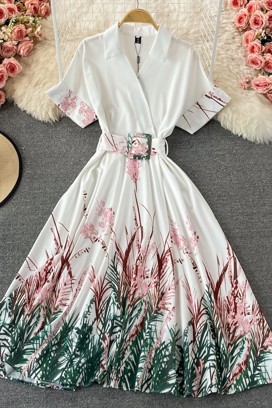 European Station Summer New French Retro Short Sleeve Printed Long Dress Waist Slimming Floral Large Swing Dress - Image 7