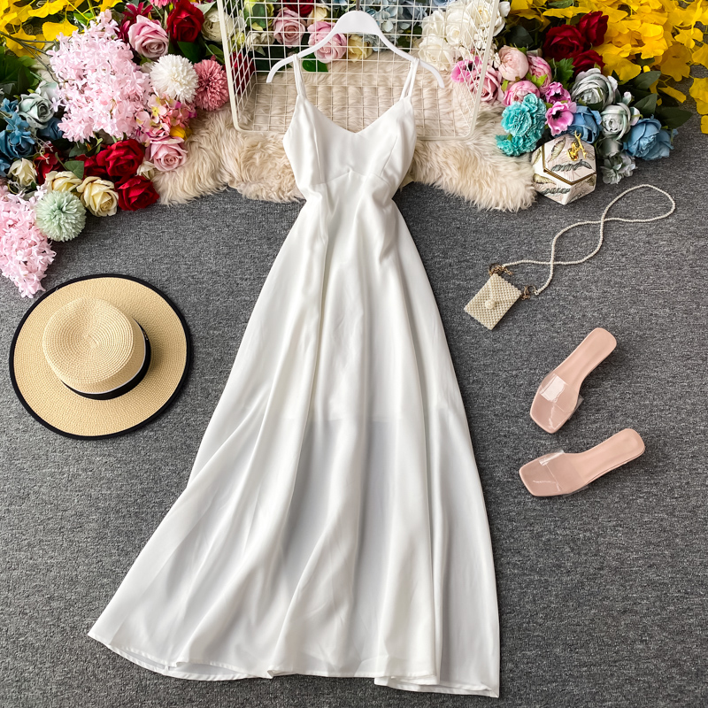 New French Style First Love Skirt Retro Mori Style Super Fairy V-neck Long Dress Sneaky Design Backless Strap Dress