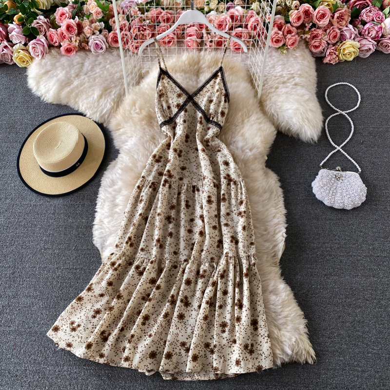 Lady Elegant Slightly Mature Style Suspender Dress Summer Lace Patchwork Waist-Slimming Slim Backless Chiffon Floral Dress - Image 2