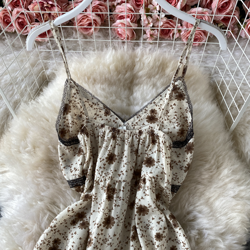 Lady Elegant Slightly Mature Style Suspender Dress Summer Lace Patchwork Waist-Slimming Slim Backless Chiffon Floral Dress - Image 5