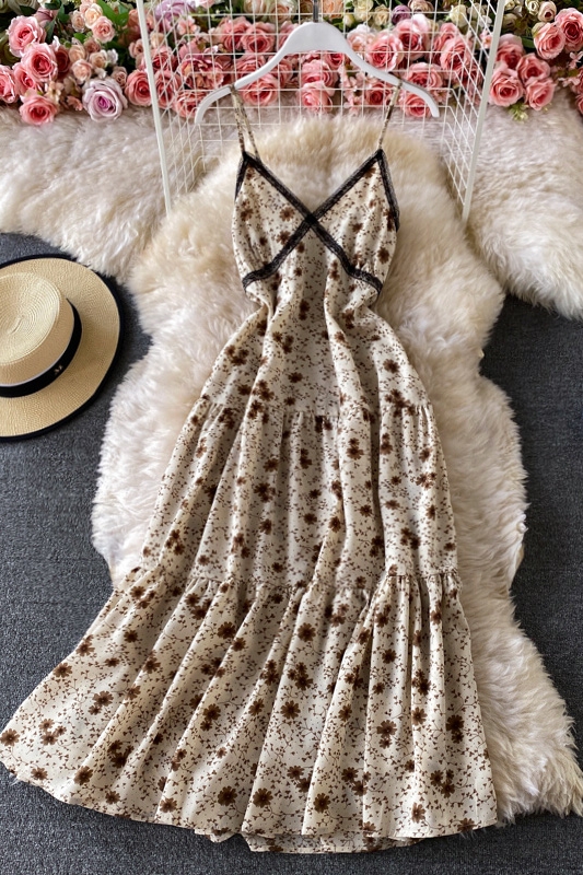Lady Elegant Slightly Mature Style Suspender Dress Summer Lace Patchwork Waist-Slimming Slim Backless Chiffon Floral Dress - Image 7