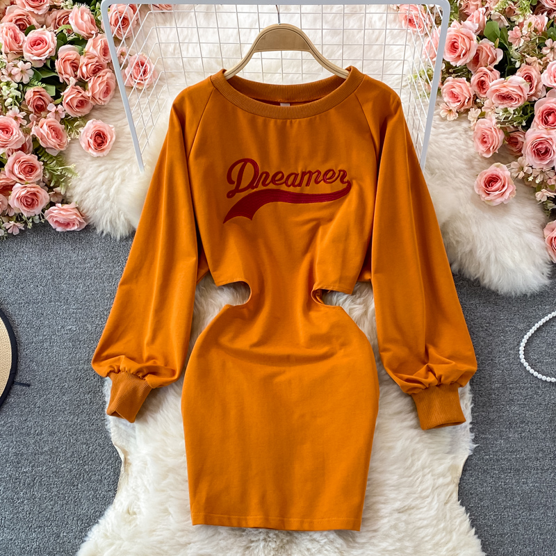 round Neck Hollow-out Midriff Dress Early Autumn New Ins Style Fashionable Casual Mid-Length Sweater Dress - Image 2