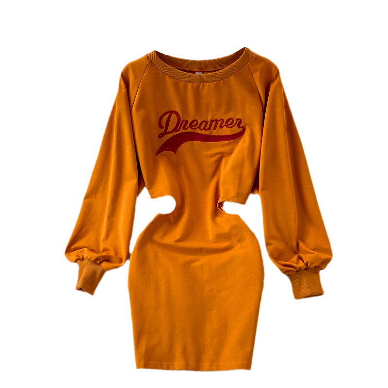 round Neck Hollow-out Midriff Dress Early Autumn New Ins Style Fashionable Casual Mid-Length Sweater Dress - Image 6