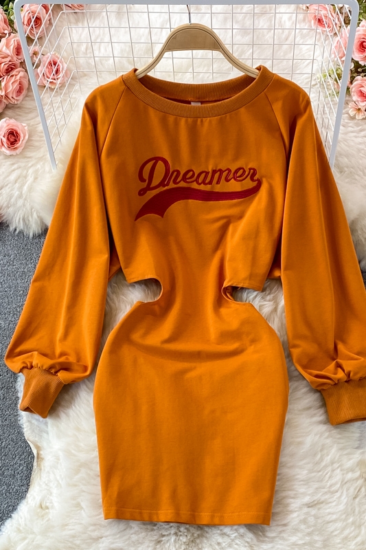 round Neck Hollow-out Midriff Dress Early Autumn New Ins Style Fashionable Casual Mid-Length Sweater Dress - Image 7