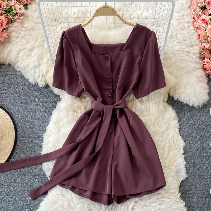 Korean style temperament square neck puff sleeve lace-up waist wide-leg jumpsuit women straight shorts small high waist - Image 2