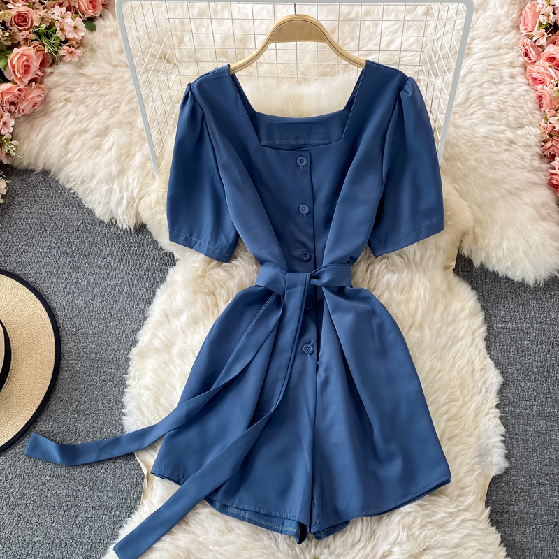 Korean style temperament square neck puff sleeve lace-up waist wide-leg jumpsuit women straight shorts small high waist - Image 4