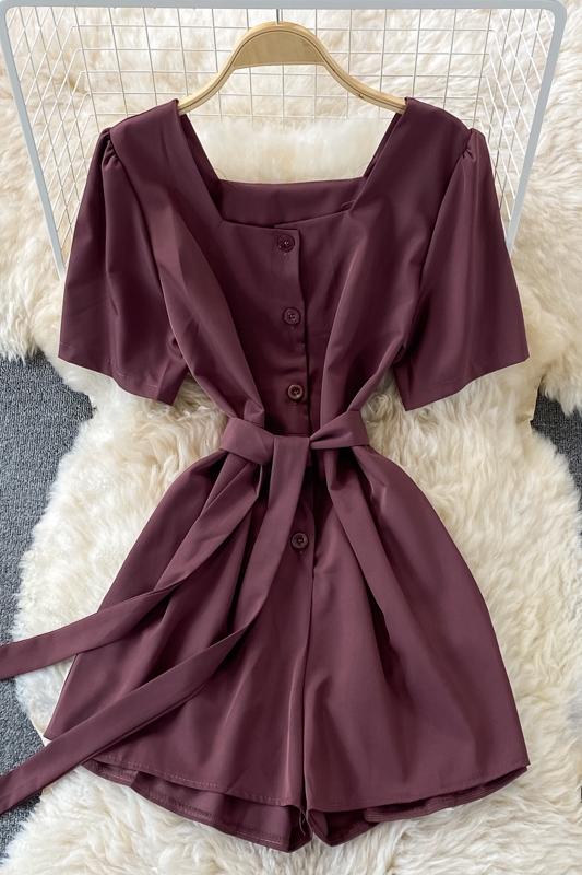 Korean style temperament square neck puff sleeve lace-up waist wide-leg jumpsuit women straight shorts small high waist - Image 7