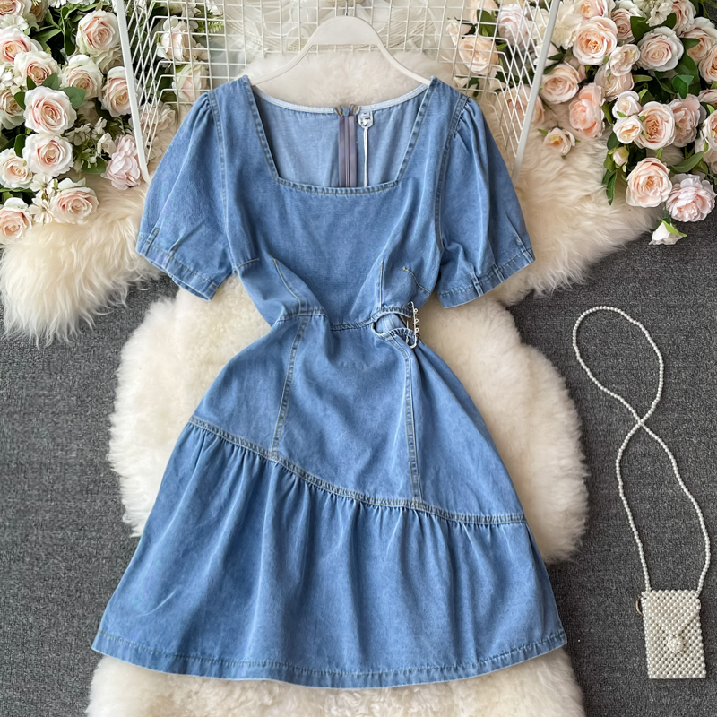 Summer Korean Style Ins Retro Hollow-out Midriff Denim Dress Women's Tight Waist Square Collar Ruffled A- line Skirt Short Skirt