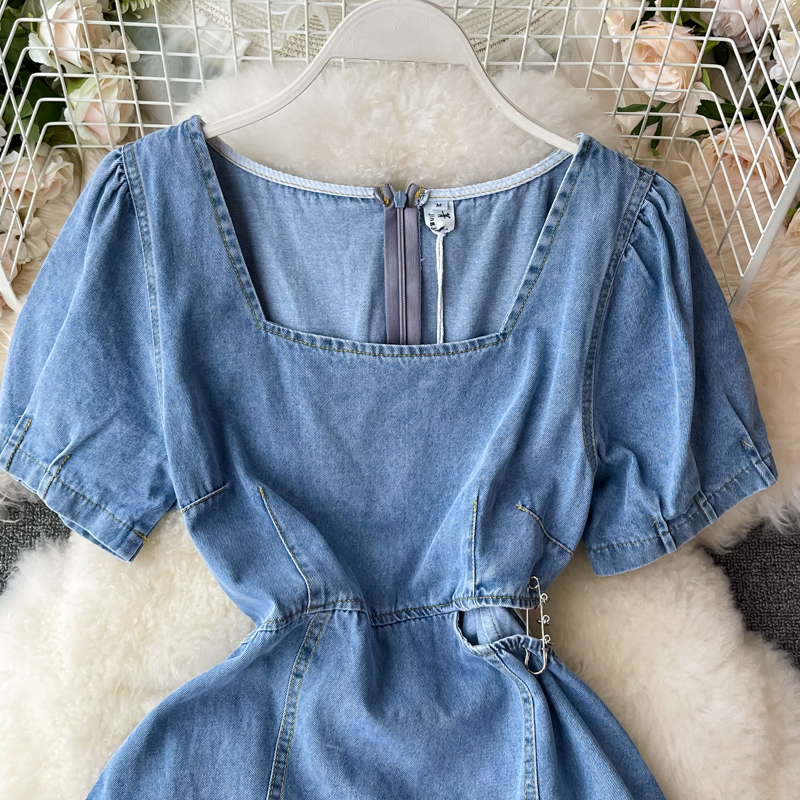 Summer Korean Style Ins Retro Hollow-out Midriff Denim Dress Women's Tight Waist Square Collar Ruffled A- line Skirt Short Skirt - Image 3