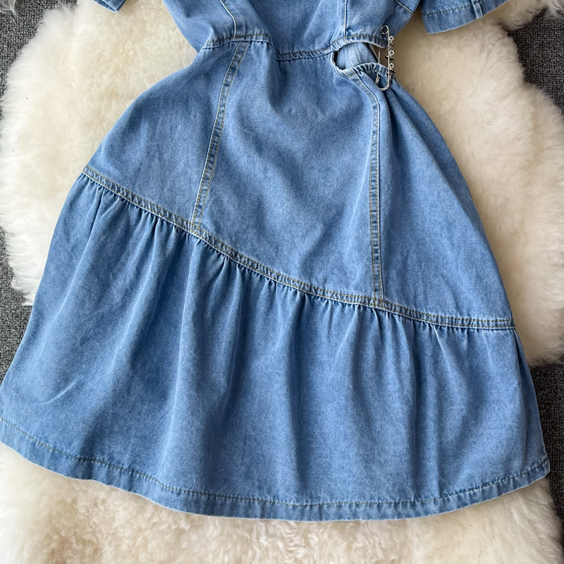 Summer Korean Style Ins Retro Hollow-out Midriff Denim Dress Women's Tight Waist Square Collar Ruffled A- line Skirt Short Skirt - Image 4