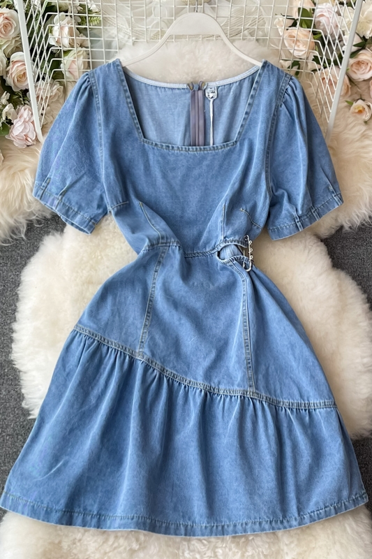 Summer Korean Style Ins Retro Hollow-out Midriff Denim Dress Women's Tight Waist Square Collar Ruffled A- line Skirt Short Skirt - Image 7