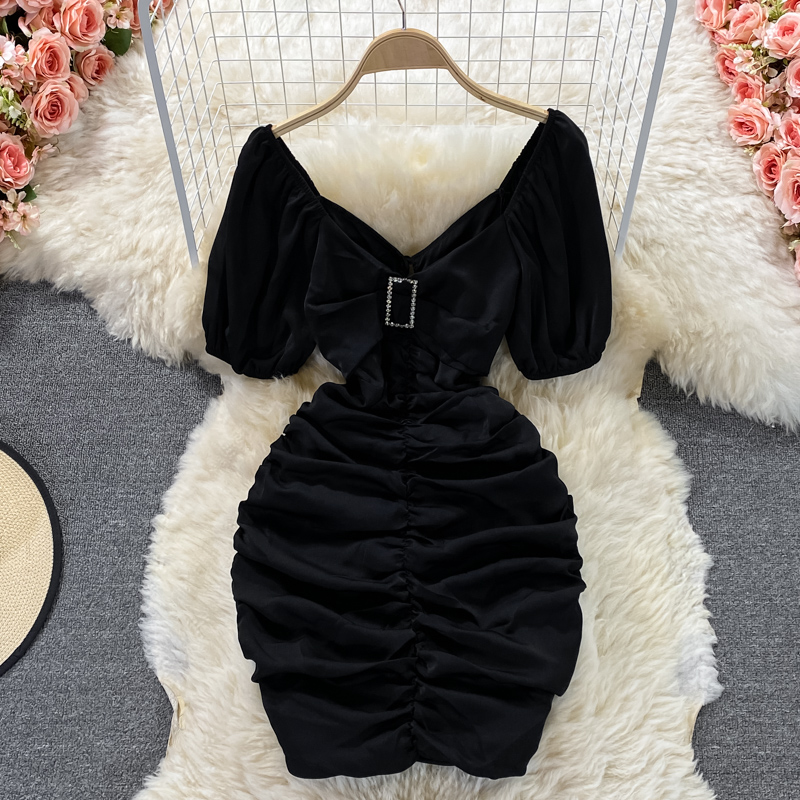 Sexy Cutout Ladies V-neck Slim Fit Slimming Short Hip Skirt Western Style Square Collar Ddiamante Buckle Waist Dress Summer - Image 3