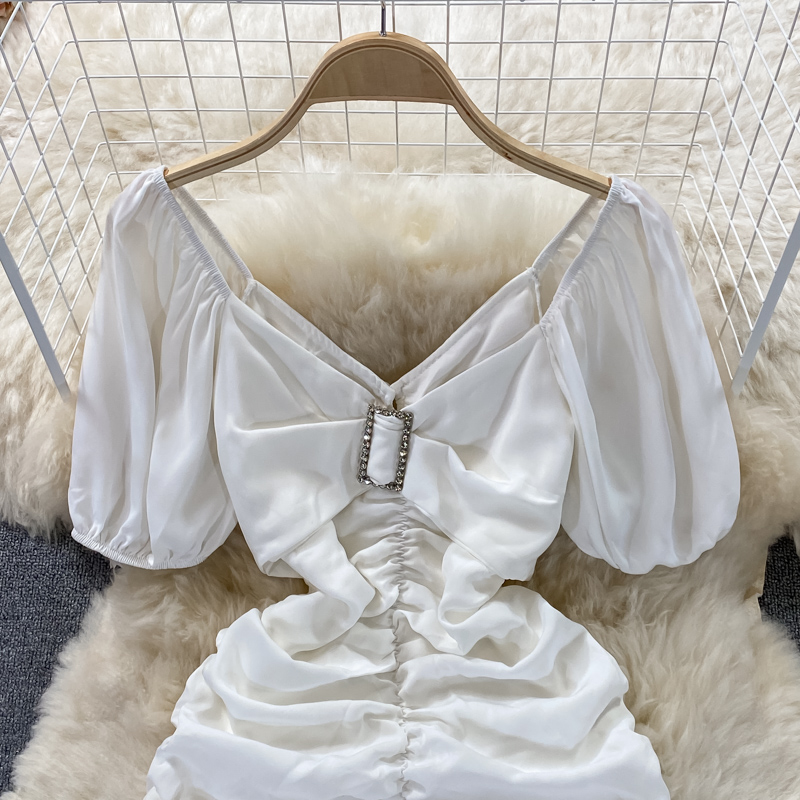 Sexy Cutout Ladies V-neck Slim Fit Slimming Short Hip Skirt Western Style Square Collar Ddiamante Buckle Waist Dress Summer - Image 4