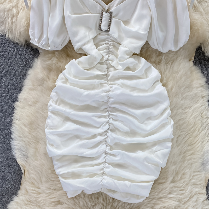 Sexy Cutout Ladies V-neck Slim Fit Slimming Short Hip Skirt Western Style Square Collar Ddiamante Buckle Waist Dress Summer - Image 5