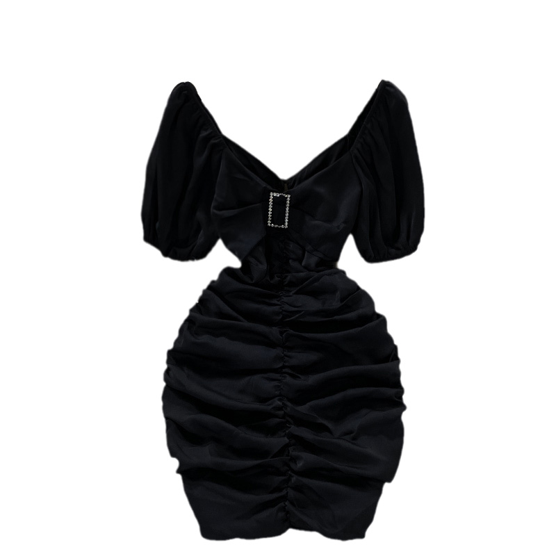 Sexy Cutout Ladies V-neck Slim Fit Slimming Short Hip Skirt Western Style Square Collar Ddiamante Buckle Waist Dress Summer - Image 6
