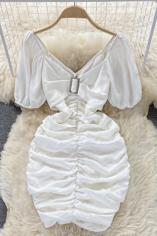 Sexy Cutout Ladies V-neck Slim Fit Slimming Short Hip Skirt Western Style Square Collar Ddiamante Buckle Waist Dress Summer - Image 7