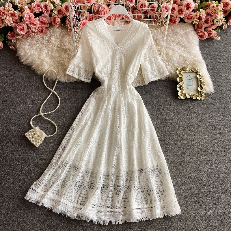Super Fairy Crocheted Hollow-out Vacation Fairy Skirt Chic Gentle Midi Dress Waist-Tight Seaside Beach Skirt Lace Dress