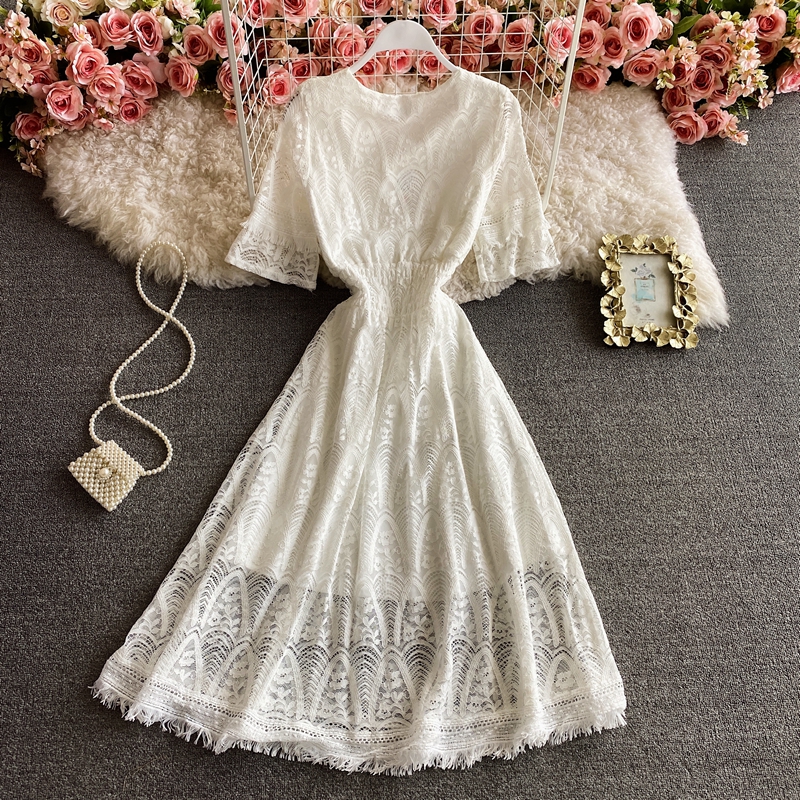 Super Fairy Crocheted Hollow-out Vacation Fairy Skirt Chic Gentle Midi Dress Waist-Tight Seaside Beach Skirt Lace Dress - Image 3