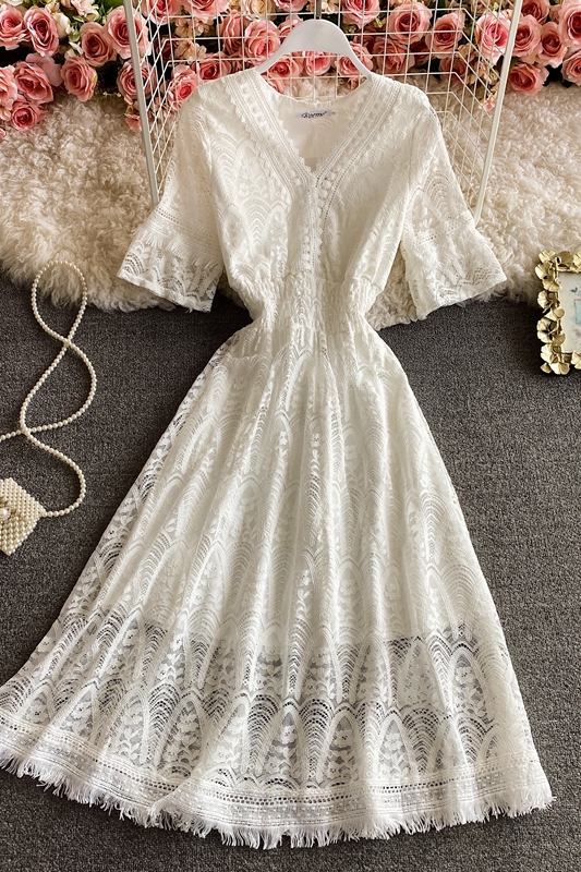 Super Fairy Crocheted Hollow-out Vacation Fairy Skirt Chic Gentle Midi Dress Waist-Tight Seaside Beach Skirt Lace Dress - Image 7
