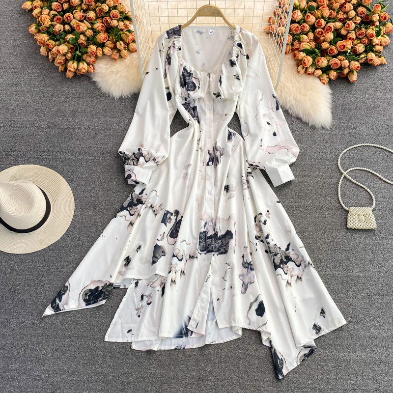 French ink painting square neck dress autumn new light mature wind irregular temperament long sleeve waist waist dress