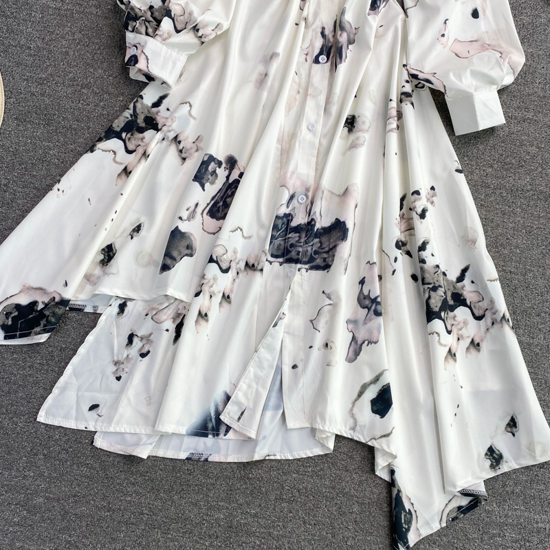French ink painting square neck dress autumn new light mature wind irregular temperament long sleeve waist waist dress - Image 4