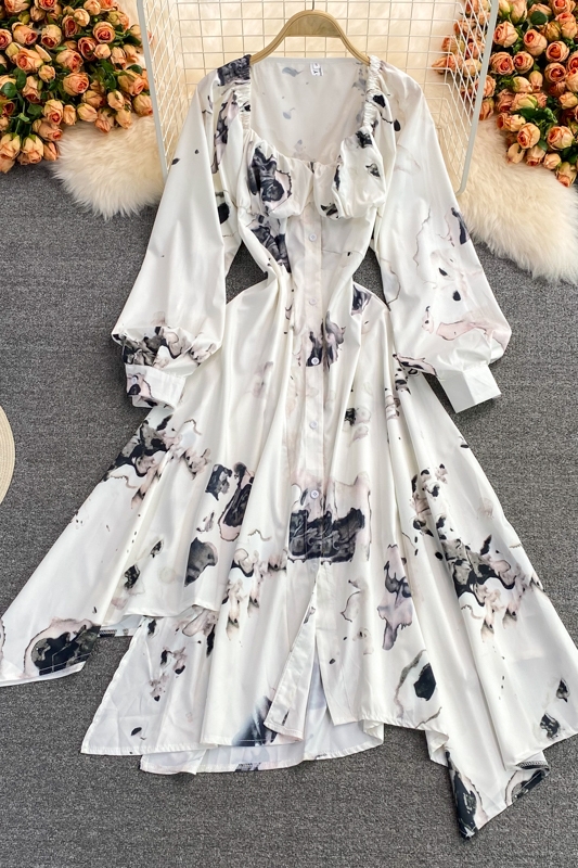 French ink painting square neck dress autumn new light mature wind irregular temperament long sleeve waist waist dress - Image 7
