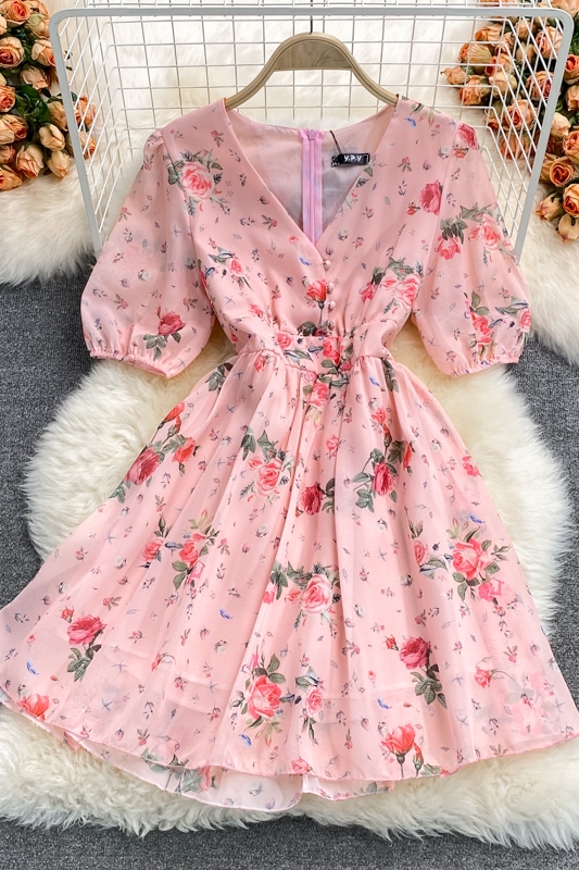 Puff Sleeve Floral Chiffon Dress New V-neck Tight Waist Fairy Skirt Super Mori French First Love Skirt Summer - Image 7