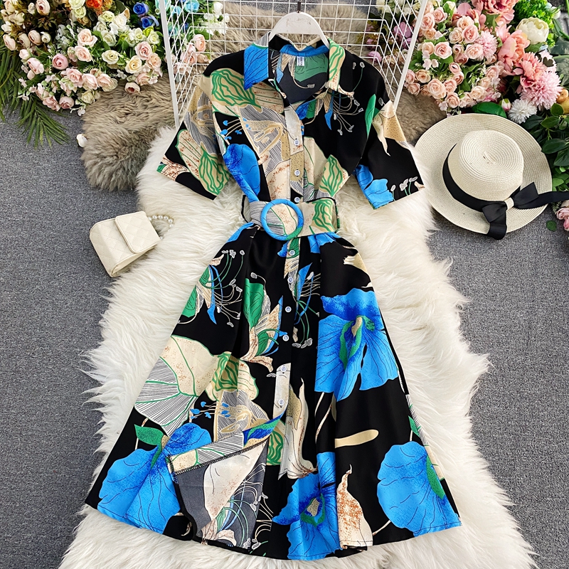 Retro printed shirt skirt to show thin temperament super fairy's department to collect waist dress with short sleeves