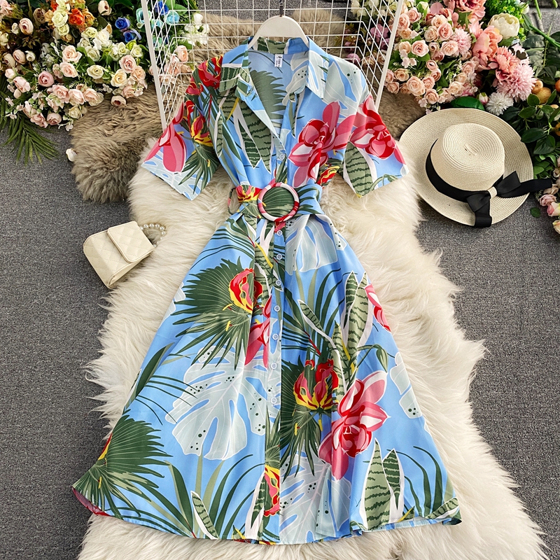 Retro printed shirt skirt to show thin temperament super fairy's department to collect waist dress with short sleeves - Image 4