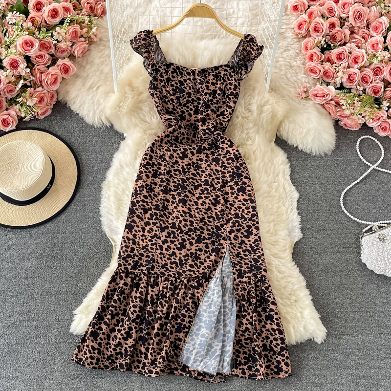 Leopard Print Dress Sleeveless Summer New Square Collar Backless Waist Trimming Slimming Slit French Halter Skirt