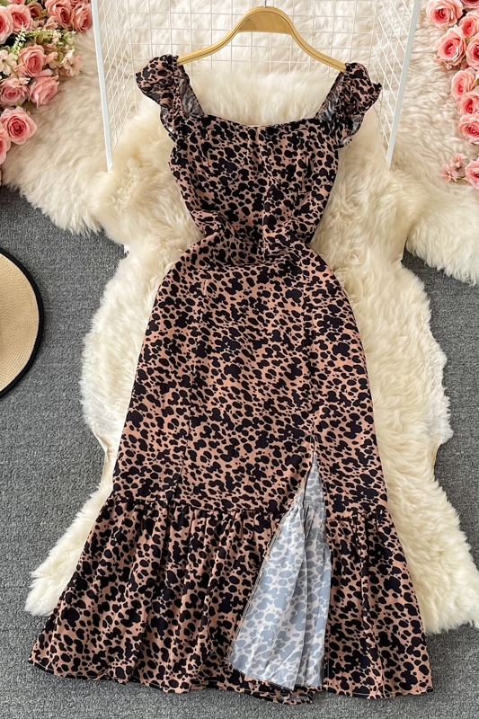 Leopard Print Dress Sleeveless Summer New Square Collar Backless Waist Trimming Slimming Slit French Halter Skirt - Image 7