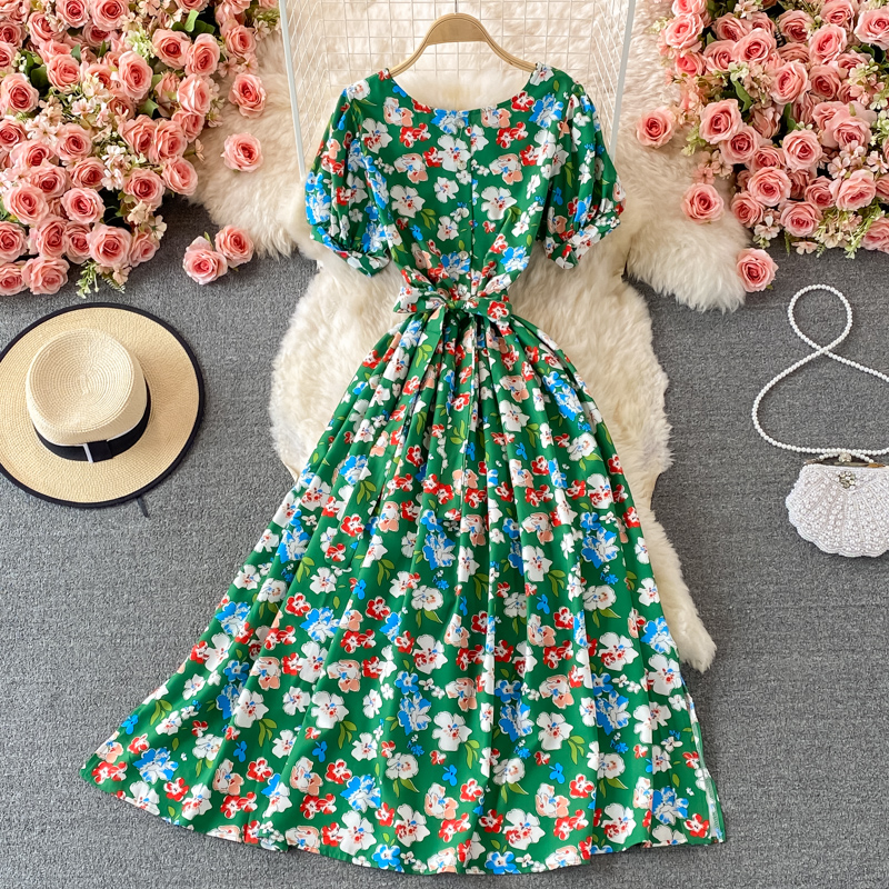 Korean Chic Summer Retro French round Neck Waist Trimming Slimming Lace-up Large Swing Dress Puff Sleeve Floral Dress - Image 2