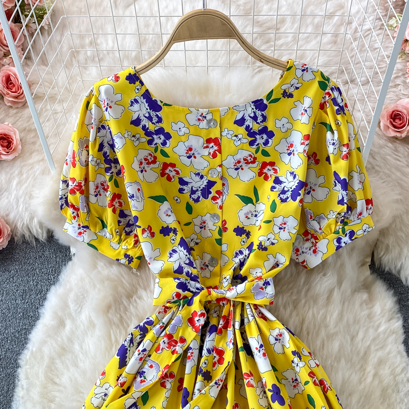 Korean Chic Summer Retro French round Neck Waist Trimming Slimming Lace-up Large Swing Dress Puff Sleeve Floral Dress - Image 4