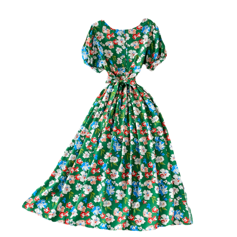 Korean Chic Summer Retro French round Neck Waist Trimming Slimming Lace-up Large Swing Dress Puff Sleeve Floral Dress - Image 6