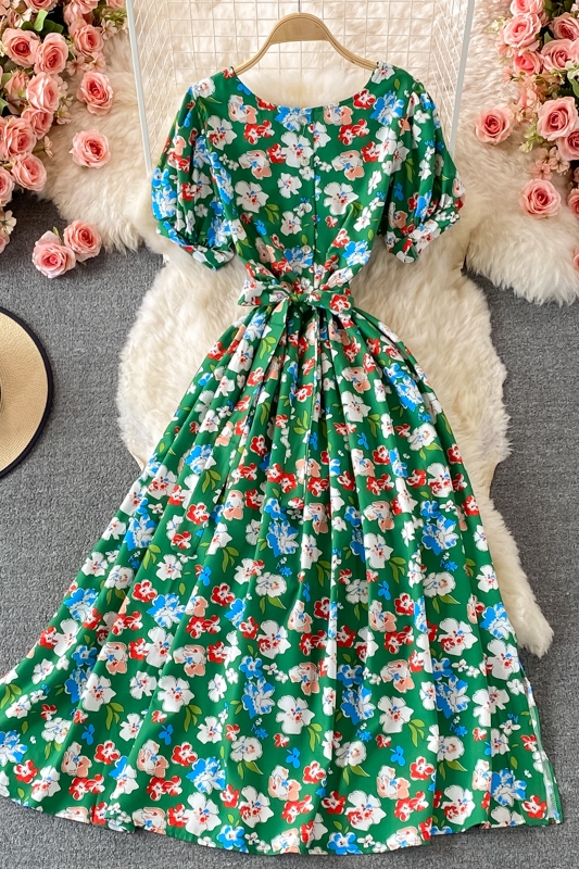 Korean Chic Summer Retro French round Neck Waist Trimming Slimming Lace-up Large Swing Dress Puff Sleeve Floral Dress - Image 7