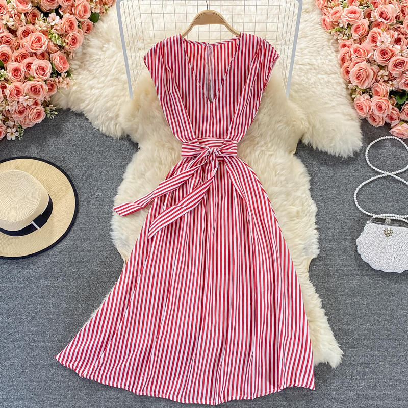Royal sister light mature style striped V-neck dress new women's summer waist waist was thin and high temperament long skirt - Image 2