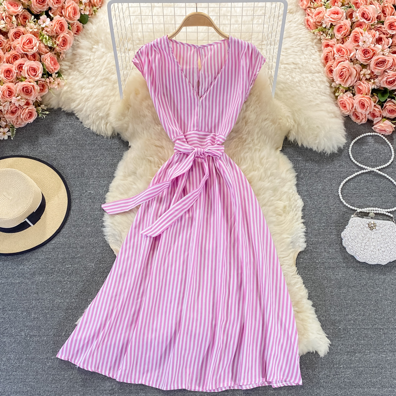 Royal sister light mature style striped V-neck dress new women's summer waist waist was thin and high temperament long skirt - Image 3