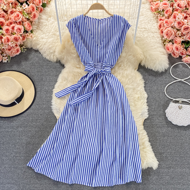 Royal sister light mature style striped V-neck dress new women's summer waist waist was thin and high temperament long skirt - Image 4