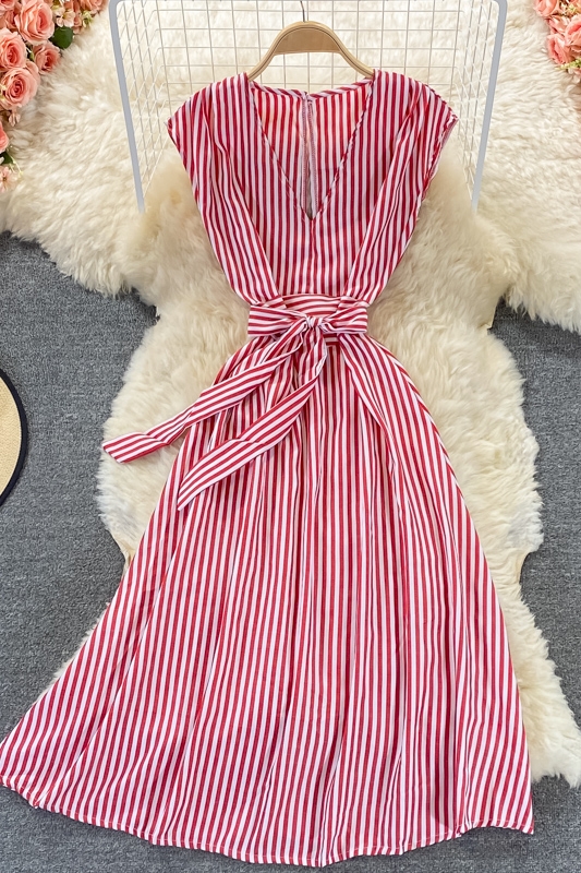 Royal sister light mature style striped V-neck dress new women's summer waist waist was thin and high temperament long skirt - Image 7